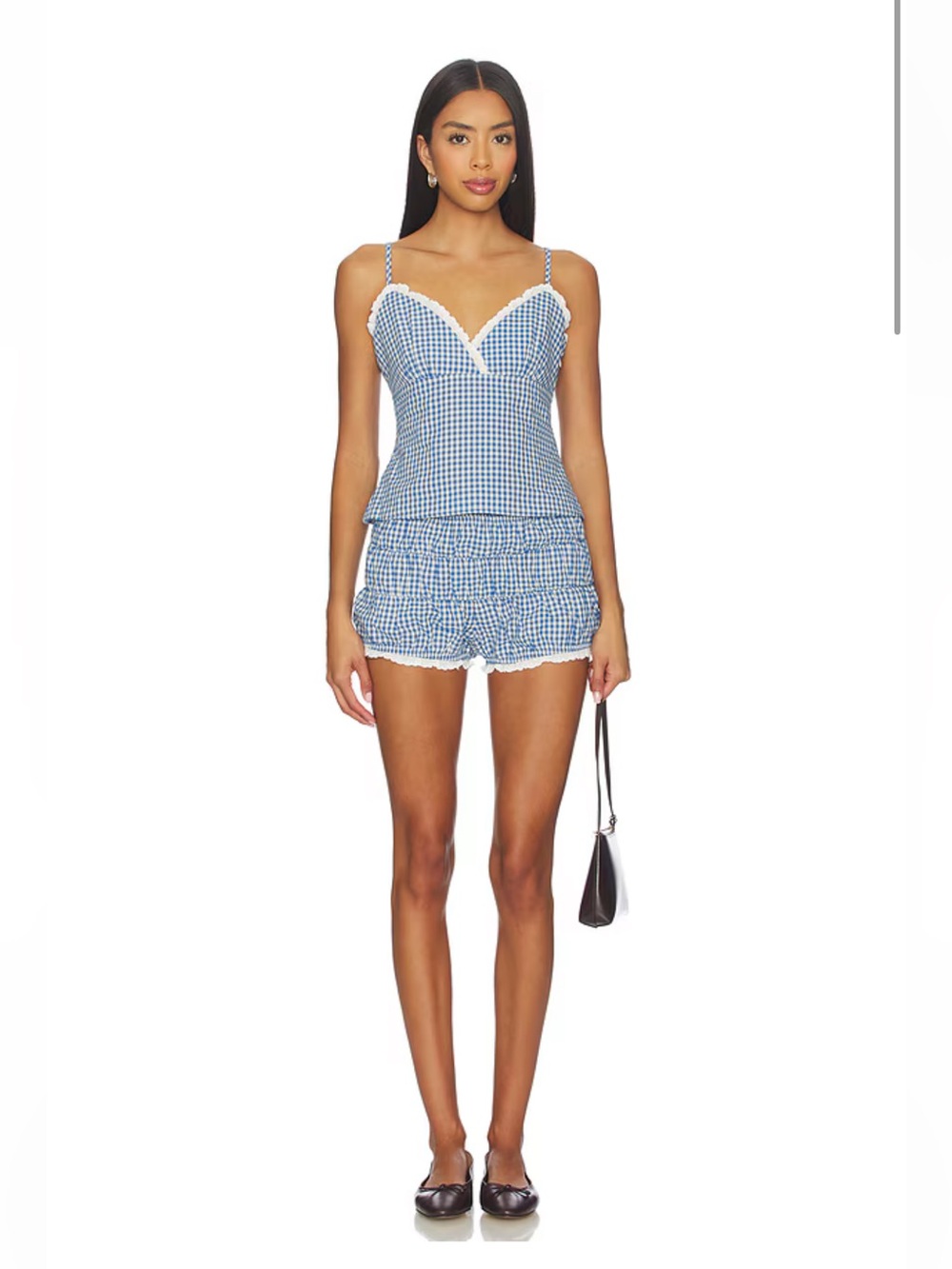 Blue Gingham Lace-Trim Tank Top